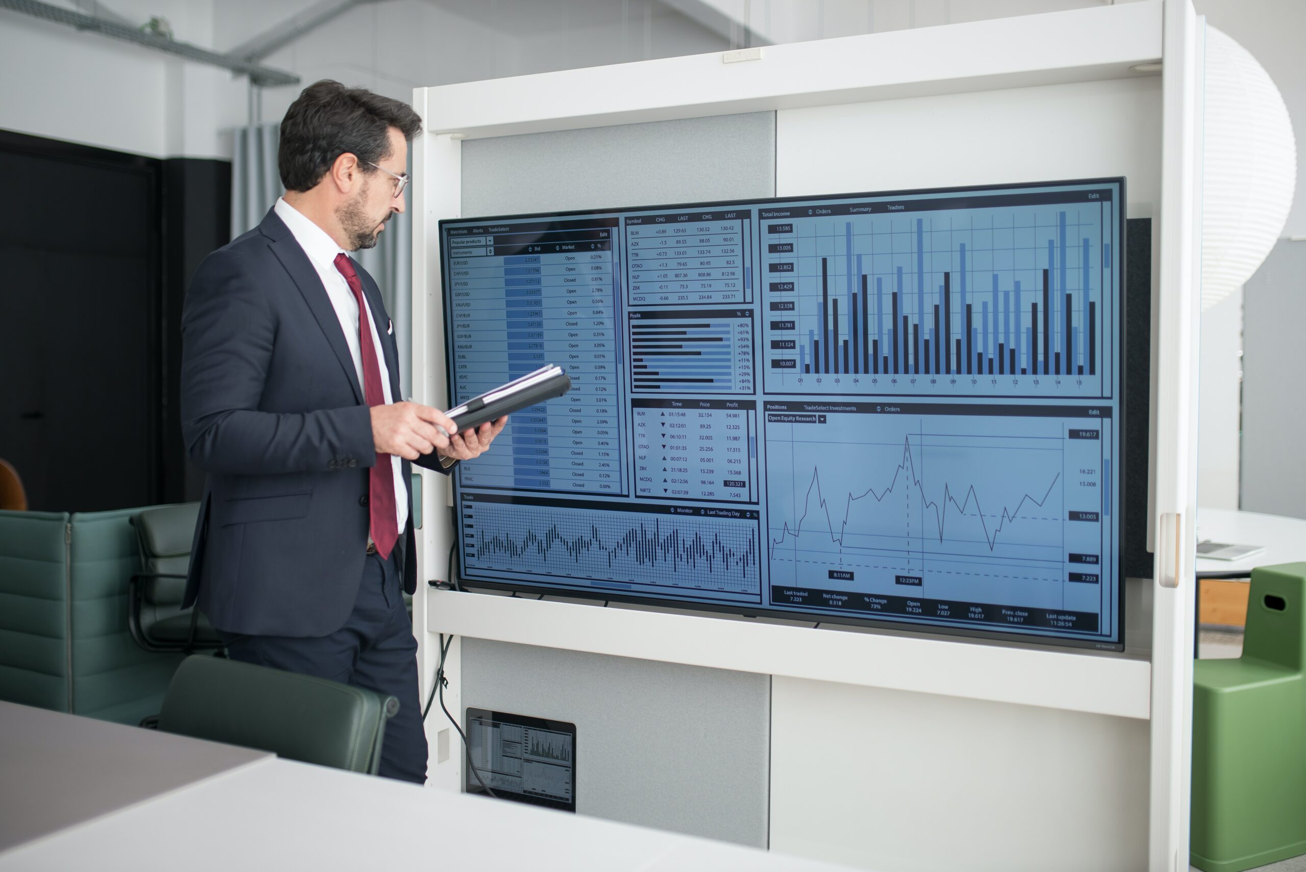 Man standing and examining a board of graphs